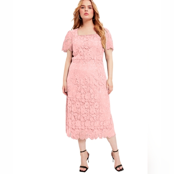 Women's large size square neck lace dress lace long dress pink square neck dress